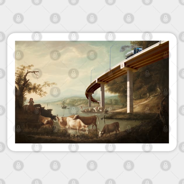 Arcadian, pastoral landscape with tanker truck. Sticker by Luggnagg